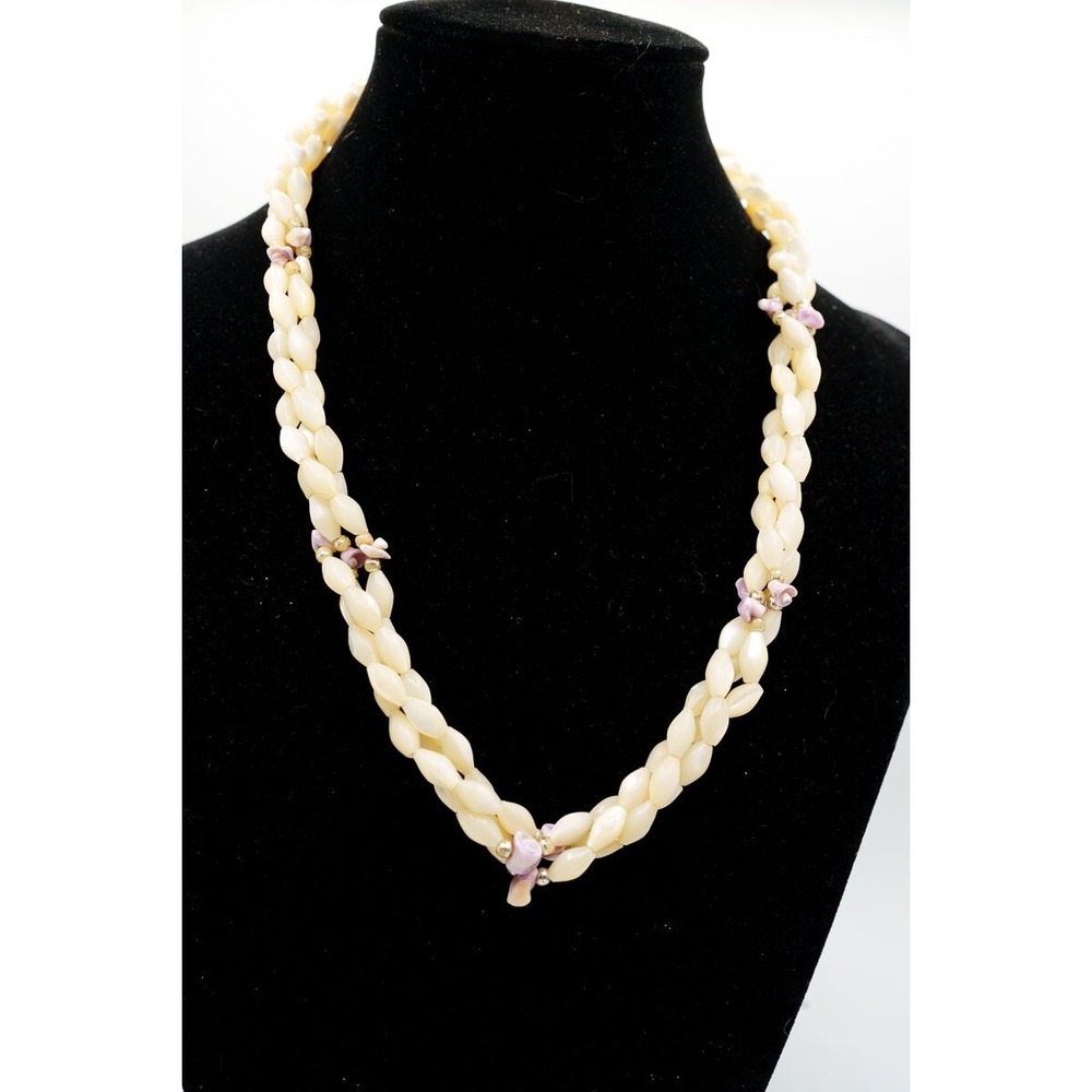 Vintage Mother of Pearl rose shell triple stand twisted necklace